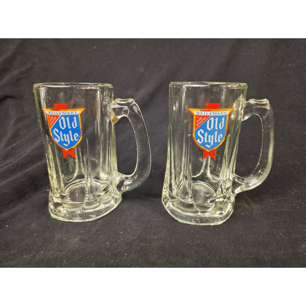 Set of 2 Vintage Heileman's Old Style Beer Mugs Clear Glass Steins 12oz Logo
